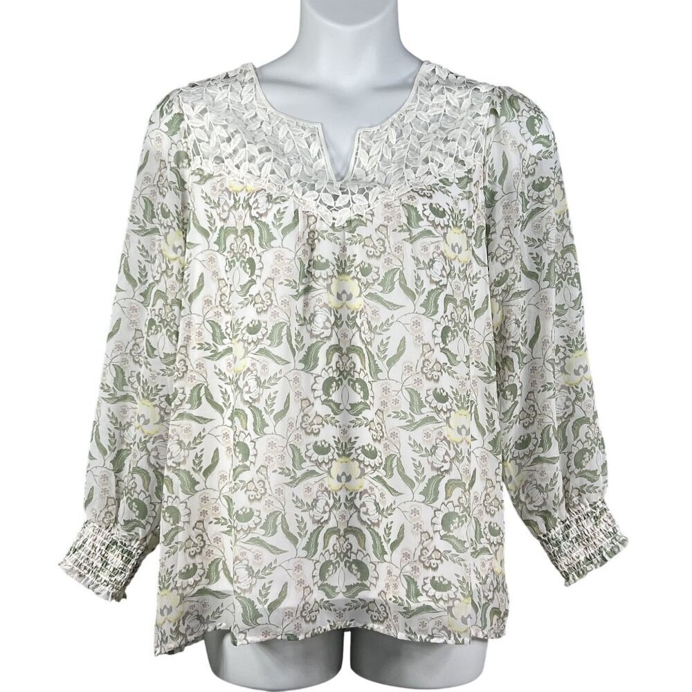 Rose Beverly NWT Womens XL Chiffon Lace Yoke Floral Lined Blouse Smocked Cuffs